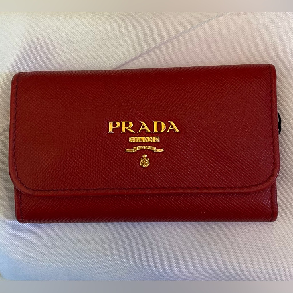 Prada Saffiano Leather Key  Card Holder With Gold Accents